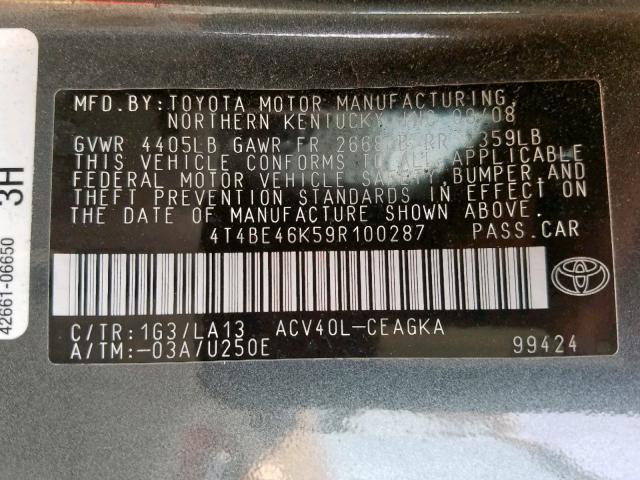 4T4BE46K59R100287 - 2009 TOYOTA CAMRY BASE GRAY photo 10