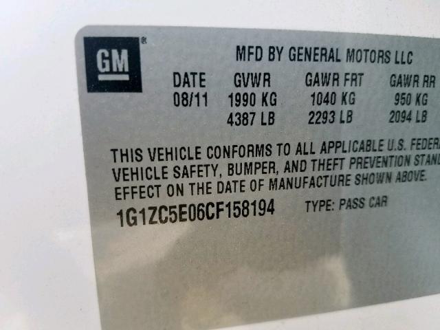 1G1ZC5E06CF158194 - 2012 CHEVROLET MALIBU 1LT 白色 照片 10