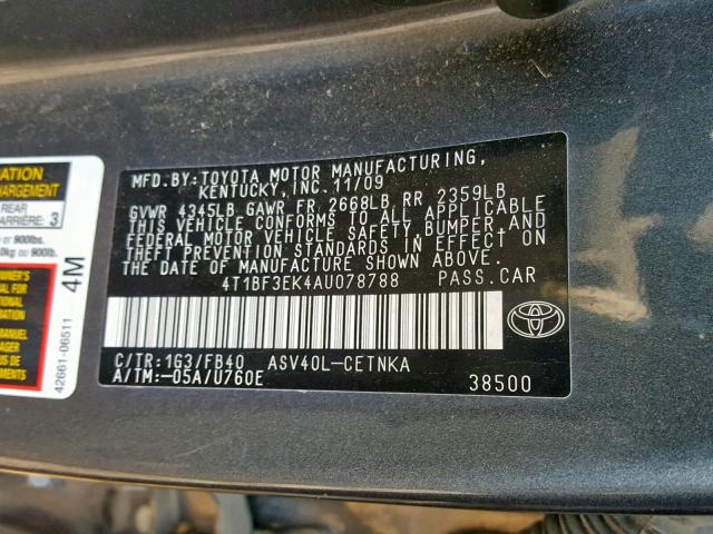 4T1BF3EK4AU078788 - 2010 TOYOTA CAMRY BASE CHARCOAL photo 10