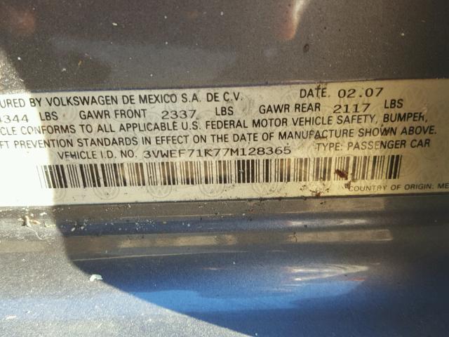 3VWEF71K77M128365 - 2007 VOLKSWAGEN JETTA WOLF GRAY photo 10