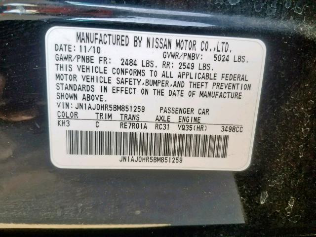 JN1AJ0HR5BM851259 - 2011 INFINITI EX35 BASE BLACK photo 10