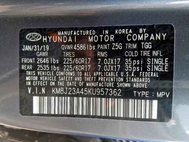 KM8J23A45KU957362 - 2019 HYUNDAI TUCSON SE GRAY photo 10