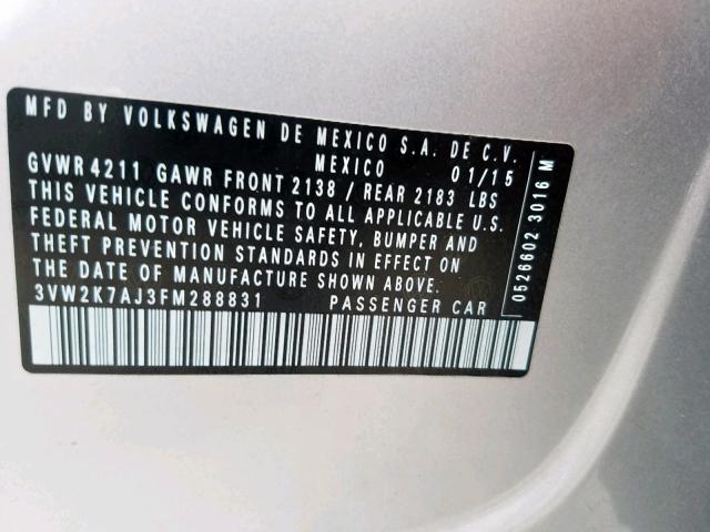 3VW2K7AJ3FM288831 - 2015 VOLKSWAGEN JETTA BASE 银色 照片 10