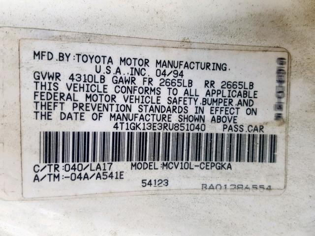 4T1GK13E3RU851040 - 1994 TOYOTA CAMRY XLE WHITE photo 10