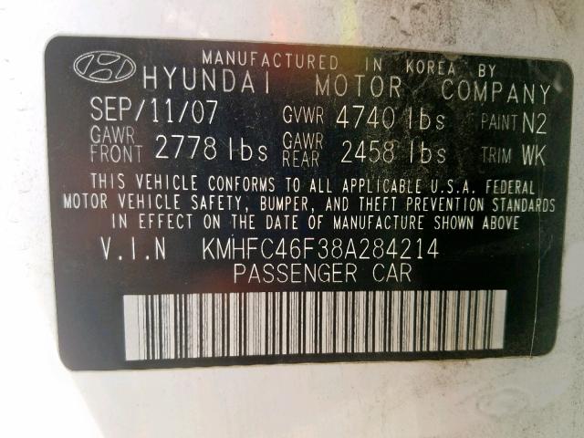 KMHFC46F38A284214 - 2008 HYUNDAI AZERA SE WHITE photo 10