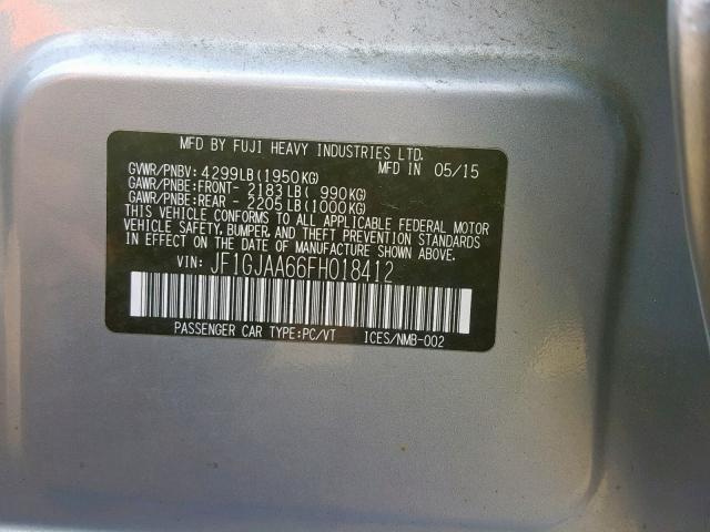 JF1GJAA66FH018412 - 2015 SUBARU IMPREZA SILVER photo 10