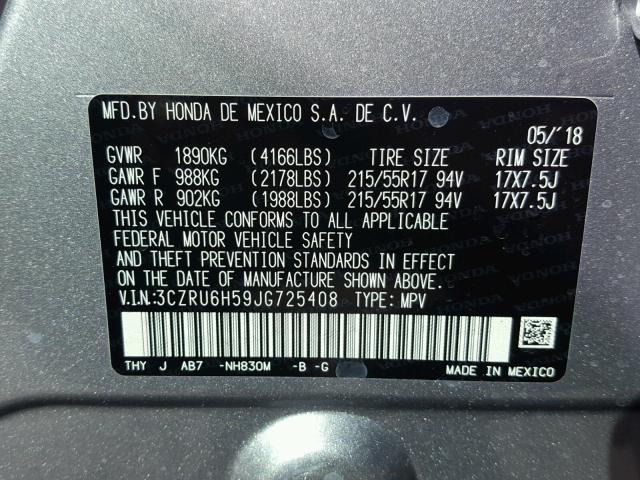 3CZRU6H59JG725408 - 2018 HONDA HR-V EX SILVER photo 10