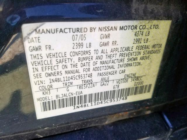 1N4BL11D45C953748 - 2005 NISSAN ALTIMA SE BLACK photo 10