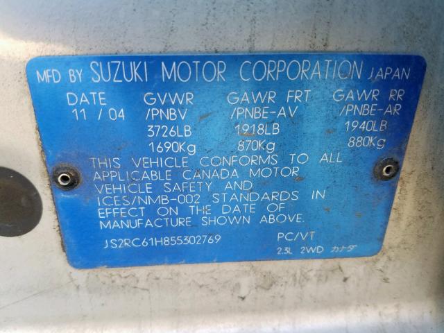 JS2RC61H855302769 - 2005 SUZUKI AERIO SX SILVER photo 10