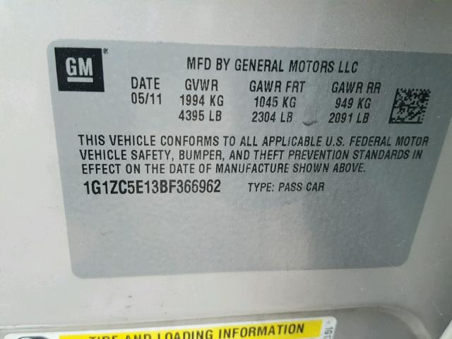 1G1ZC5E13BF366962 - 2011 CHEVROLET MALIBU 1LT ოქროსფერი ფოტო 10