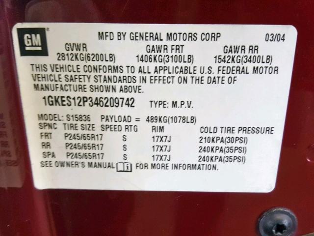 1GKES12P346209742 - 2004 GMC ENVOY XUV BURGUNDY photo 10