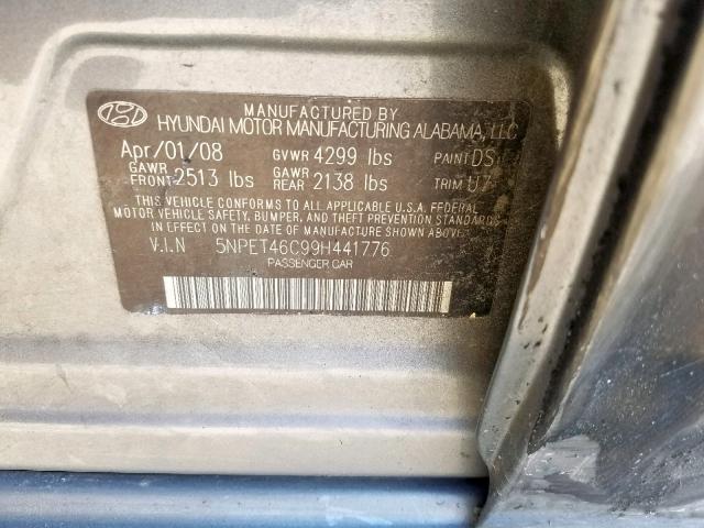 5NPET46C99H441776 - 2009 HYUNDAI SONATA GLS GRAY photo 10