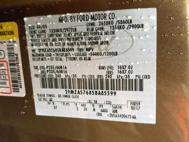 2FMZA57685BA85599 - 2005 FORD FREESTAR S TAN photo 10