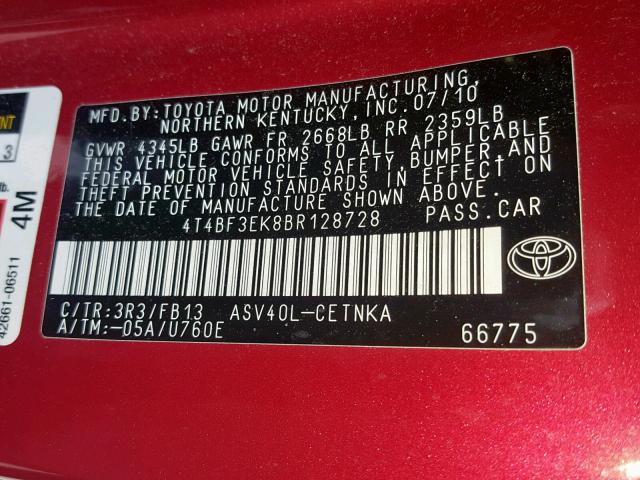 4T4BF3EK8BR128728 - 2011 TOYOTA CAMRY BASE RED photo 10