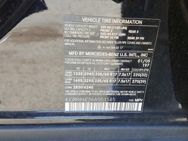 4JGBB86E36A001565 - 2006 MERCEDES-BENZ ML 350 BLACK photo 10