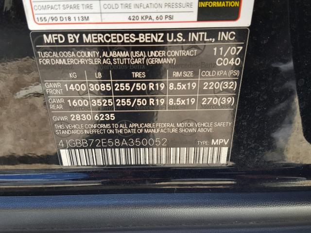 4JGBB72E58A350052 - 2008 MERCEDES-BENZ ML 550 BLACK photo 10