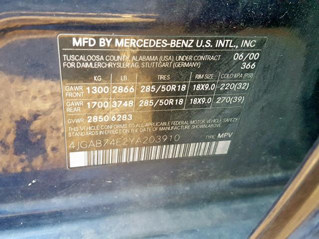 4JGAB74E2YA203910 - 2000 MERCEDES-BENZ ML 55 BLUE photo 10