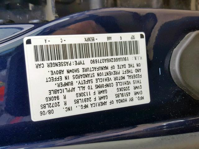 19UUA662X6A071690 - 2006 ACURA 3.2TL BLUE photo 10