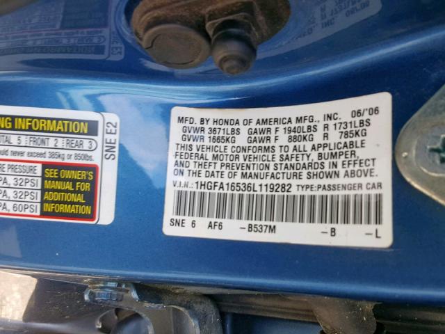 1HGFA16536L119282 - 2006 HONDA CIVIC LX BLUE photo 10