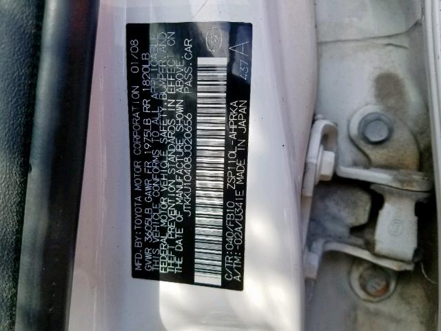 JTKKU10408J020656 - 2008 SCION XD WHITE photo 10