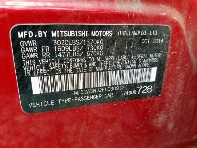 ML32A3HJ2FH030912 - 2015 MITSUBISHI MIRAGE DE RED photo 10