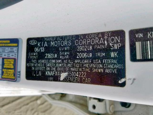 KNAFX4A89E5104222 - 2014 KIA FORTE EX WHITE photo 10