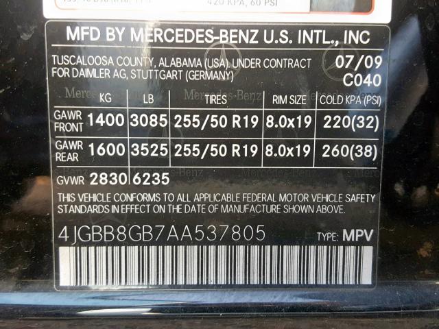 4JGBB8GB7AA537805 - 2010 MERCEDES-BENZ ML 350 4MA BLACK photo 10
