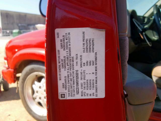1GCCS19W6Y8260016 - 2000 CHEVROLET S TRUCK S1 RED photo 10