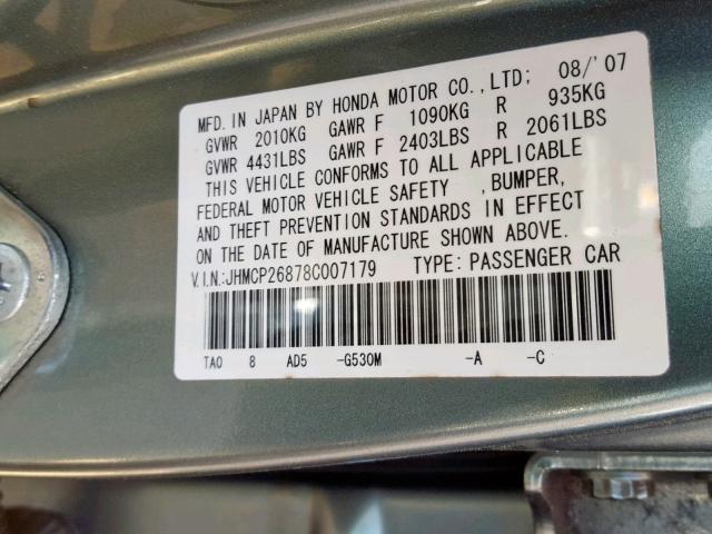 JHMCP26878C007179 - 2008 HONDA ACCORD EXL GREEN photo 10