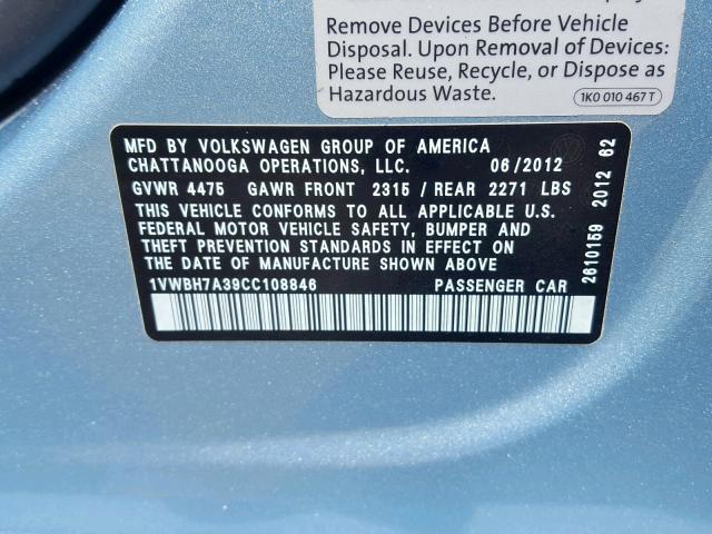 1VWBH7A39CC108846 - 2012 VOLKSWAGEN PASSAT SE BLUE photo 10