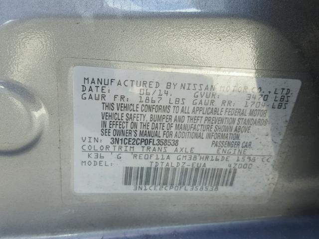 3N1CE2CP0FL358538 - 2015 NISSAN VERSA NOTE GRAY photo 10