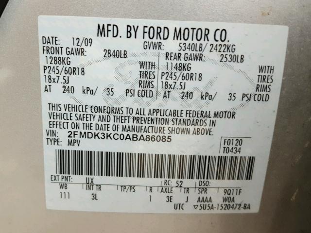 2FMDK3KC0ABA86085 - 2010 FORD EDGE LIMIT SILVER photo 10