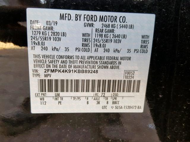 2FMPK4K91KBB89248 - 2019 FORD EDGE TITAN BLACK photo 10