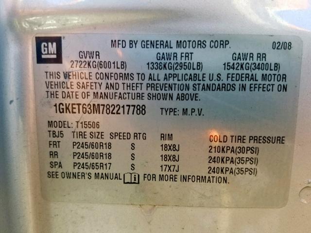 1GKET63M782217788 - 2008 GMC ENVOY DENA SILVER photo 10