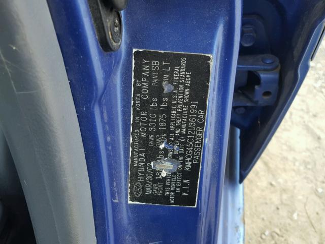 KMHCG45C12U361991 - 2002 HYUNDAI ACCENT GL BLUE photo 10