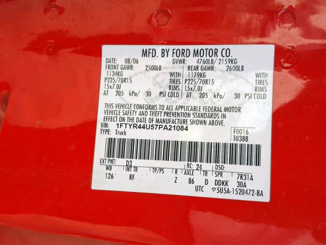 1FTYR44U57PA21084 - 2007 FORD RANGER SUP RED photo 10