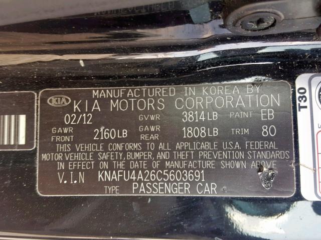 KNAFU4A26C5603691 - 2012 KIA FORTE EX BLACK photo 10