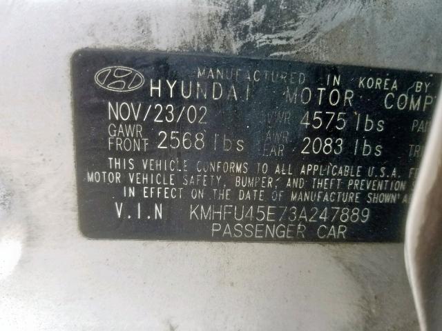 KMHFU45E73A247889 - 2003 HYUNDAI XG 350 SILVER photo 10