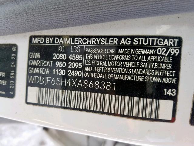 WDBJF65H4XA868381 - 1999 MERCEDES-BENZ E 320 WHITE photo 10