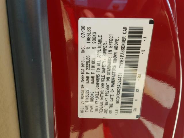 1HGCM72626A024431 - 2006 HONDA ACCORD EX RED photo 10