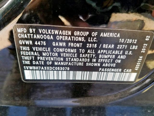 1VWBH7A3XDC053079 - 2013 VOLKSWAGEN PASSAT SE BLACK photo 10