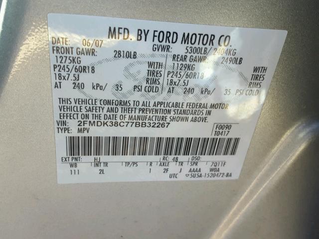 2FMDK38C77BB32267 - 2007 FORD EDGE SEL SILVER photo 10