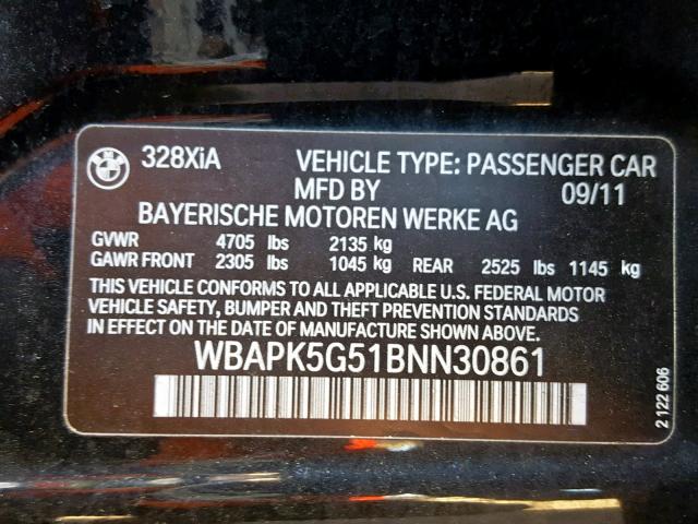 WBAPK5G51BNN30861 - 2011 BMW 328 XI SUL BLACK photo 10