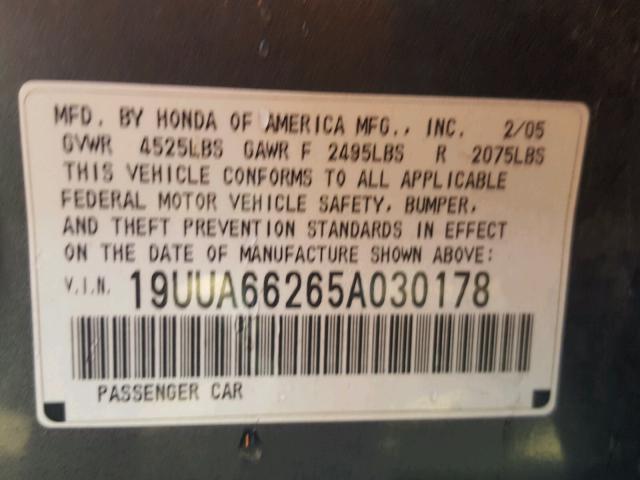 19UUA66265A030178 - 2005 ACURA TL GRAY photo 10