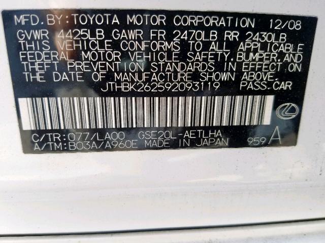 JTHBK262592093119 - 2009 LEXUS IS 250 WHITE photo 10