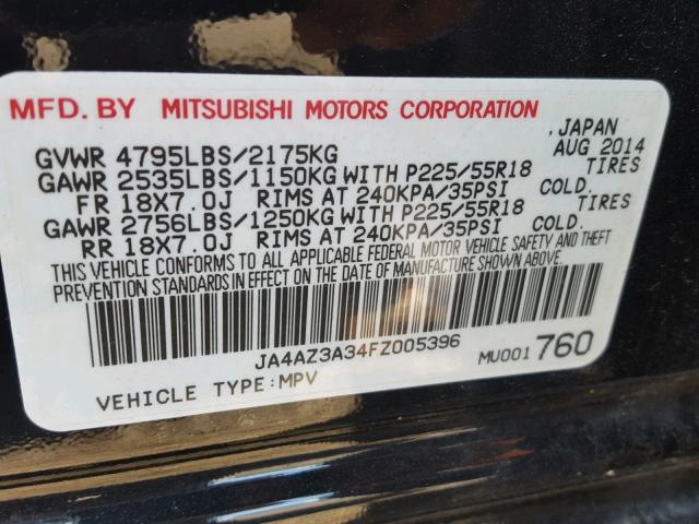 JA4AZ3A34FZ005396 - 2015 MITSUBISHI OUTLANDER BLACK photo 10