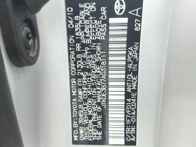 JTKDE3B77A0318111 - 2010 TOYOTA SCION TC 银色 照片 10