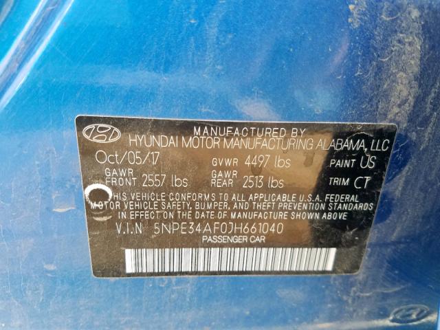 5NPE34AF0JH661040 - 2018 HYUNDAI SONATA SPO BLUE photo 10