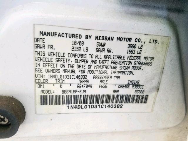 1N4DL01D31C140382 - 2001 NISSAN ALTIMA XE WHITE photo 10