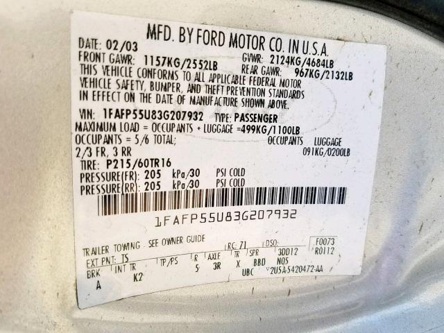 1FAFP55U83G207932 - 2003 FORD TAURUS SES SILVER photo 10